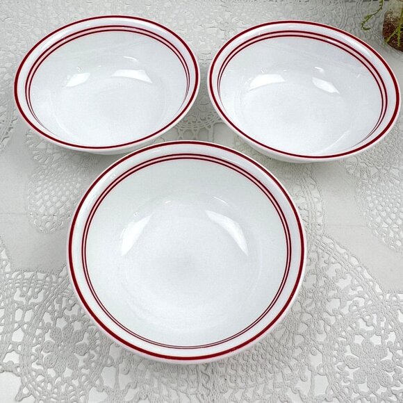 Corelle Vitrelle 3 Classic Cafe Red Coupe Cereal Soup Bowls White Red Band Edge - Picture 1 of 10